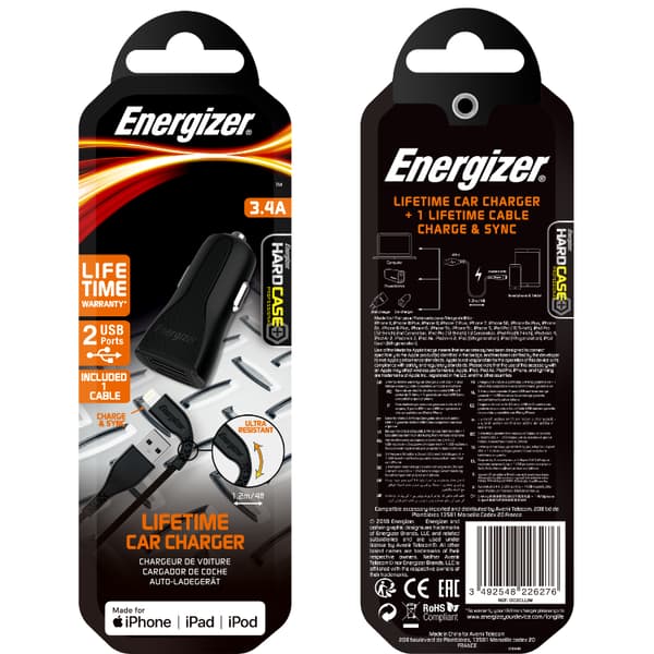 Energizer HardCase - Biloplader 2x USB-A 17W 3.4A + Lightning-kabel MFi-certificeret (sort)