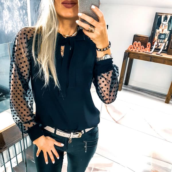 Elegant bluse med sløjfe prikket net M