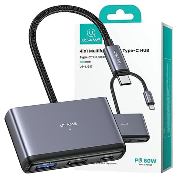 USAMS Adapter HUB 4in1 2xUSB 2.0/USB 3.0/USB-C grå/mørkegrå SJ627HUB01 (US-SJ627)