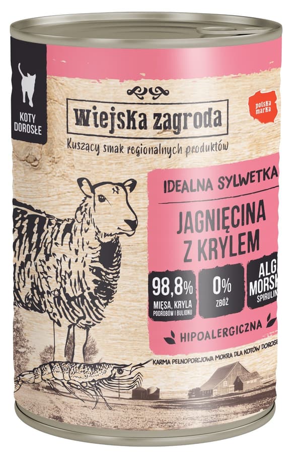 Wiejska Zagroda | Våtfoder för vuxna katter | 400 g burk - Lamm med krill 400 g