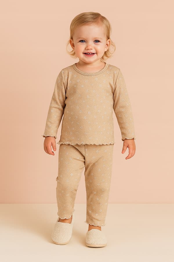 BOMULDSPYJAMAS 86 PYJAMAS til PIGER til børneværelset BLOMSTER BEIGE