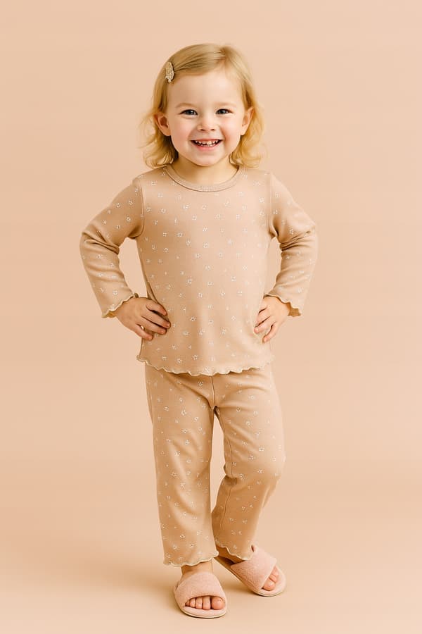 BOMULDSPYJAMAS 104 PYJAMAS TIL PIGER I BØRNEHAVEN BLOMSTER BEIGE