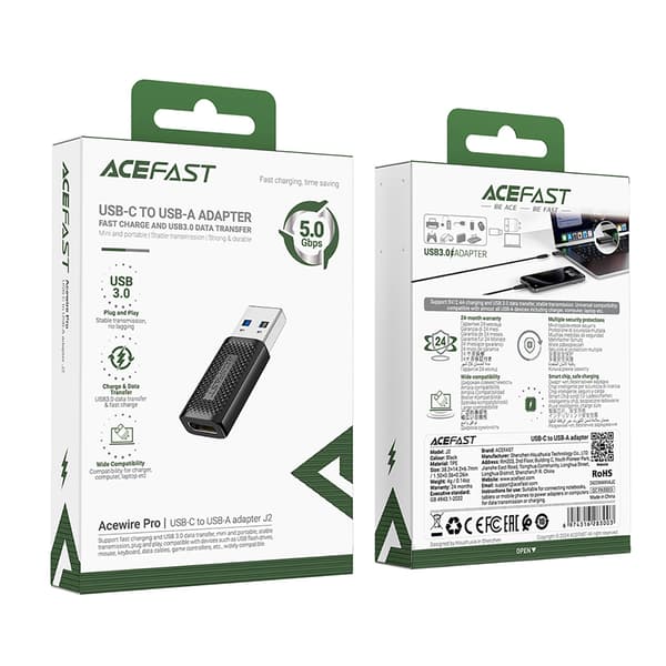Acefast J2 USB-C 3.0 (hun) til USB-A 3.0 (han) 5 Gb/s adapter - sort