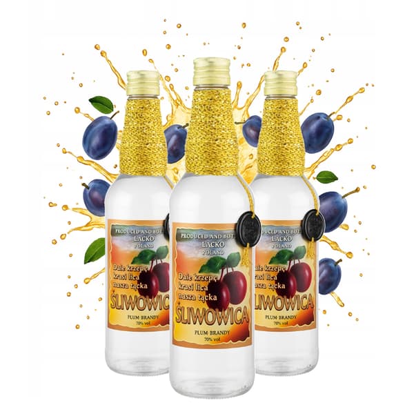 5x lasipulloa Łącka Slivovitz GOLD 500ml koristellulle Monopol-pullolle