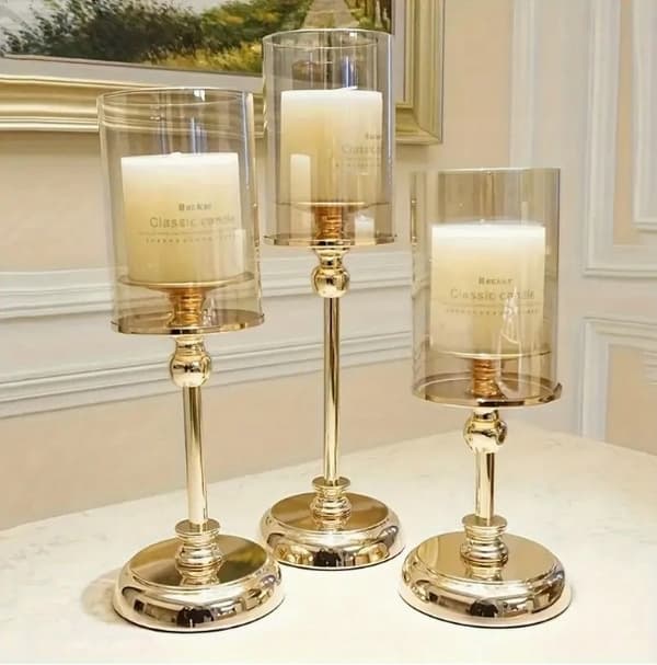 Elegant set 3 delar gyllene glas ljusstakar ljusstake gyllene