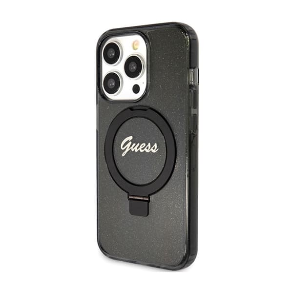 Guess Ring Stand Script Glitter MagSafe - iPhone 15 Pro Max-skal (svart)