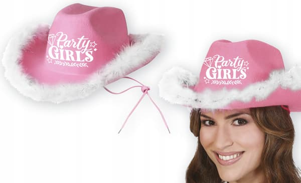 Partyflickor rosa cowboyhatt med vit päls möhippa