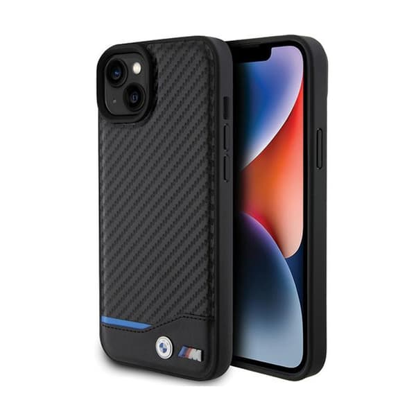 BMW Læder Carbon Blue Line - iPhone 15 Plus Etui (Sort)