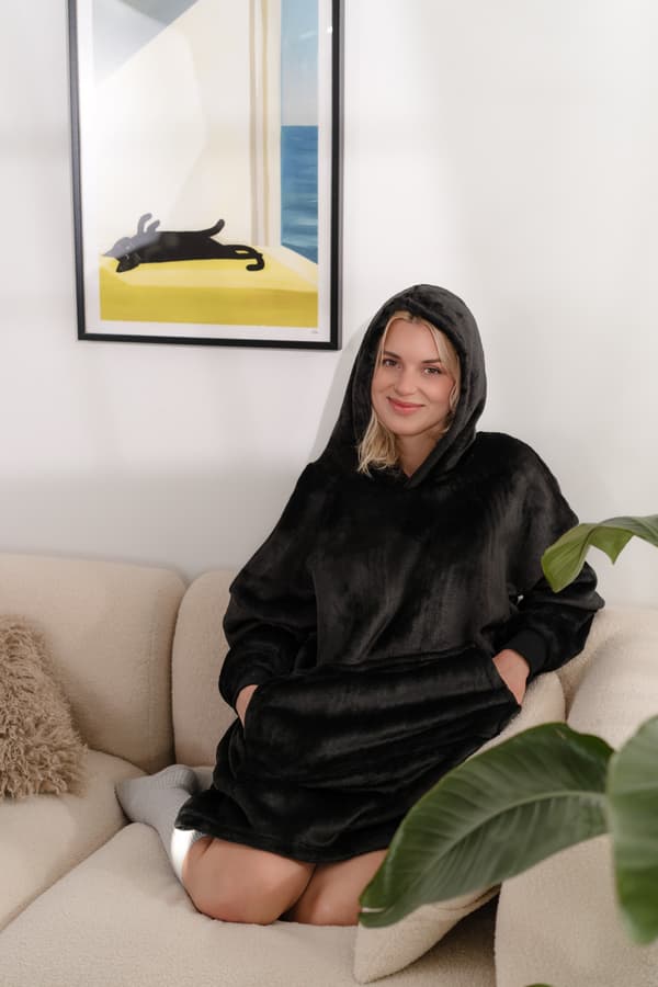 Tæppesweatshirt, large oversize, tyk, varm, med hætte, sort, blød