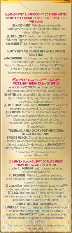 NIVEA LUMINOUS630 P/PIGMENTFLÄCKAR ANSIKTSKRÄM CC SPF 30, nyans 02/medium 40 ml