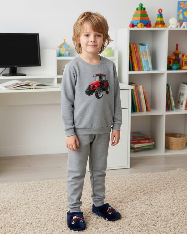 BARNPYJAMAS 134 för POJKAR 100% bomull TRAKTOR gråmelerad