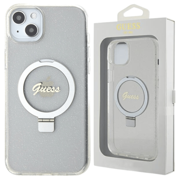 Guess GUHMP15MHRSGSD iPhone 15 Plus / 14 Plus 6.7 läpinäkyvä/läpinäkyvä kovakuori Ring Stand Script Glitter MagSafe