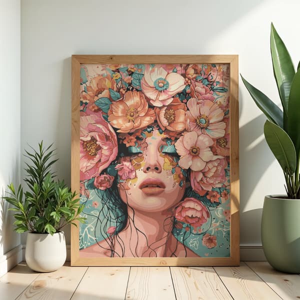 Mal efter tal med ramme Kvinde i en blomsterhave 50x70 cm
