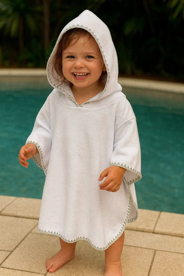 Børnekappe 86-104 håndklæde med HÆTTE, poncho til pool, strand, HVID