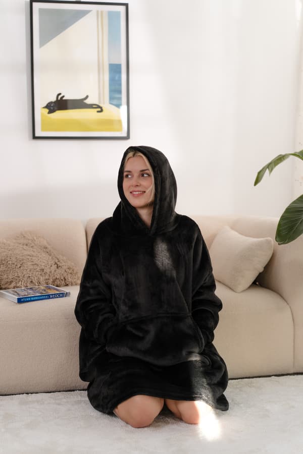 Tæppesweatshirt, large oversize, tyk, varm, med hætte, sort, blød