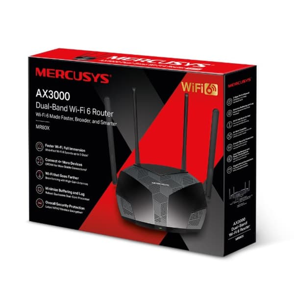 Mercusys MR80X WiFi 6 Router, Hastigheder Op Til 3 Gbps, 4 Antenner