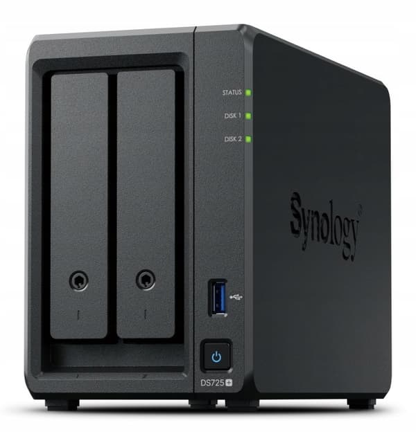 Synology DS725 NAS-filserver, sort, 4 GB RAM, maks. 140 TB.