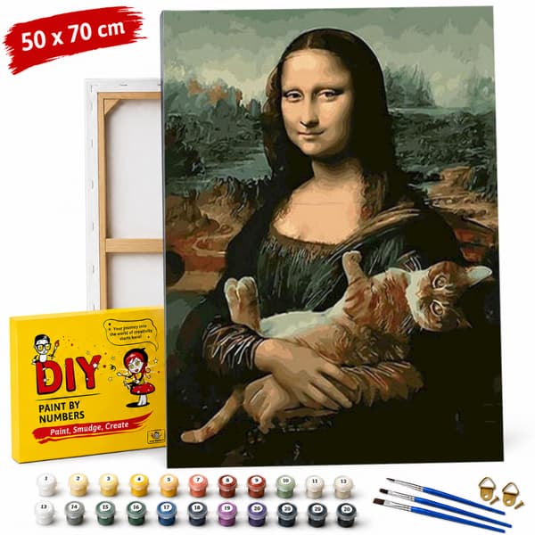 Mal efter nummer billede med ramme 50x70 Mona Lisa med kat