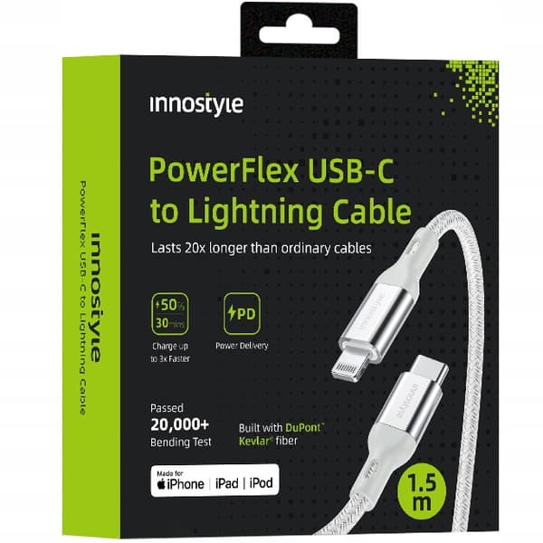 INNOSTYLE POWERFLEX USB-C LIGHTNING MFI SNABBLADDNINGSKABEL FÖR IPHONE KEVLAR 2M SILVER