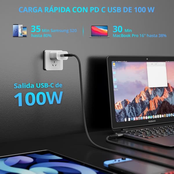 2x USB C TIL USB C HURTIGOPLADNINGSKABEL SORT 100W 20V 5A 2M