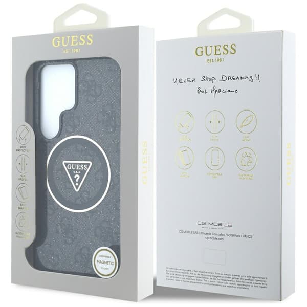 Guess 4G Glitter Triangle Buttons MagSafe-etui til Samsung Galaxy S25 Ultra, sort