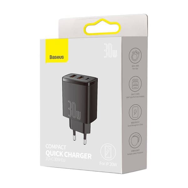 Baseus Compact -pikalaturi, 2xUSB, USB-C, PD, 3A, 30W (musta)