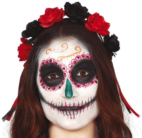 Pandebånds-tiara med sorte røde blomster og muertos