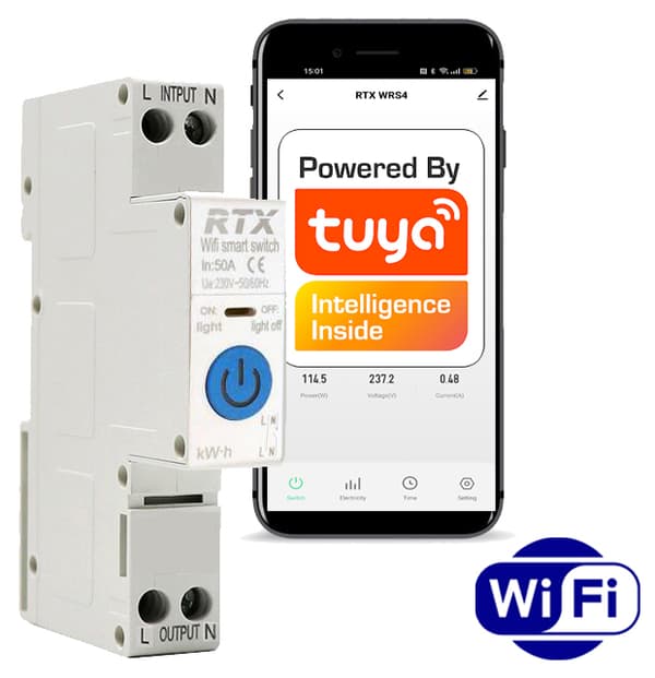 Relæcontroller TUYA 40A DIN WiFi ENERGIMÅLING