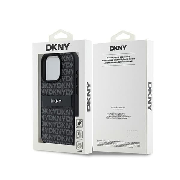 DKNY Læder Mono Stripe & Metal Logo - iPhone 15 Pro Max Etui (Sort)