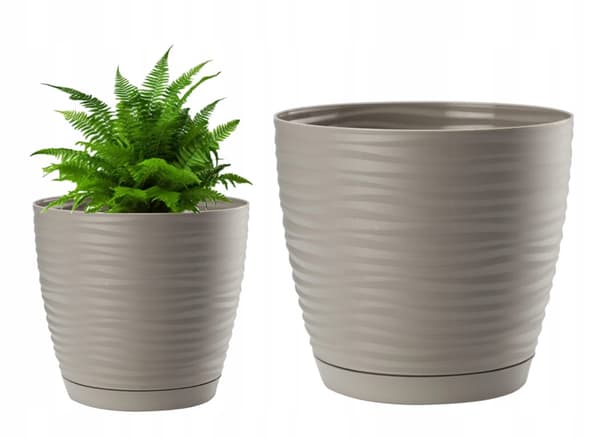 Lysegrå plastik urtepotte med underkop 14,7x13,6cm