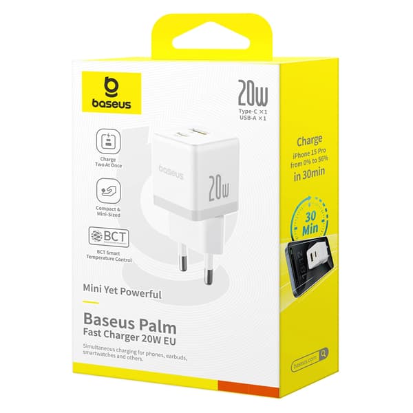 Baseus Palm 20W USB-C USB-A -seinälaturi - valkoinen