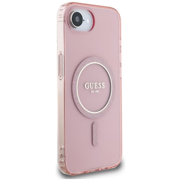 Guess IML Glitter Circle MagSafe-etui til iPhone 16e i lyserødt