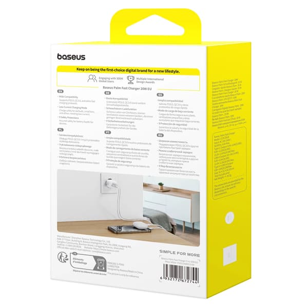 Baseus Palm 20W USB-C USB-A Väggladdare - Vit