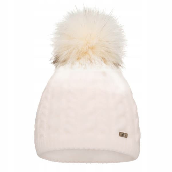 Cremefarvet dame vinterhue med pompon, fleeceforet, varm hue UNI