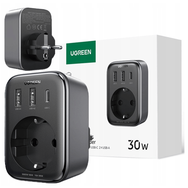 30W vægoplader (2xUSB/USB C/AC) / EU - EU 13A adapter Ugreen CD314 - sort