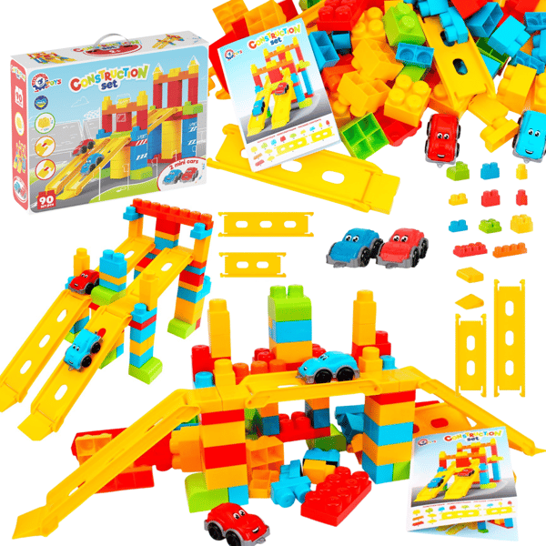 Set med byggklossar, bilspår för montering, rutschkana, 90 element