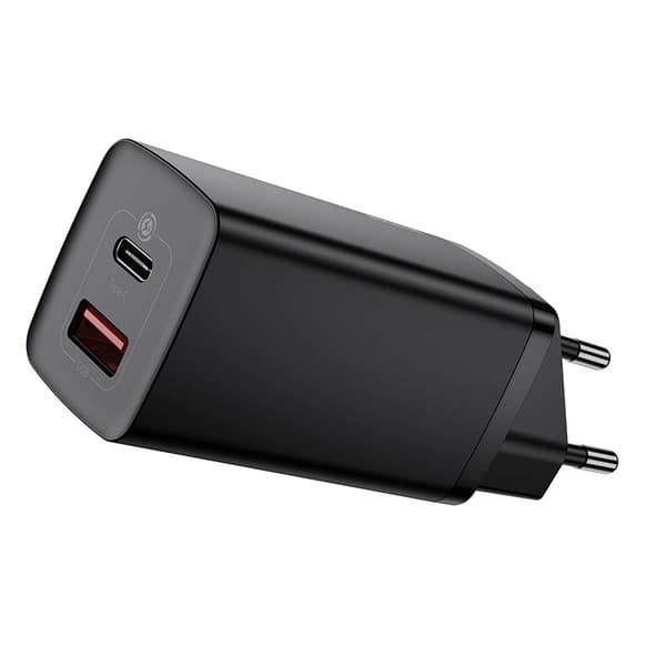 Baseus GaN2 Lite vægoplader, USB + USB-C, 65W, EU (sort)