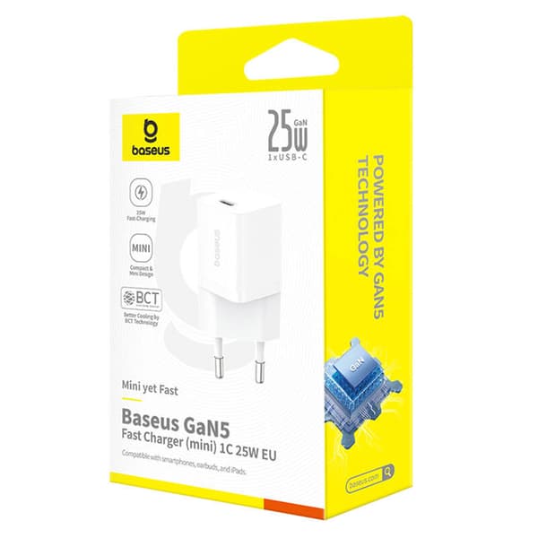 Baseus GaN5 mini 1C laddare, 25W (vit)