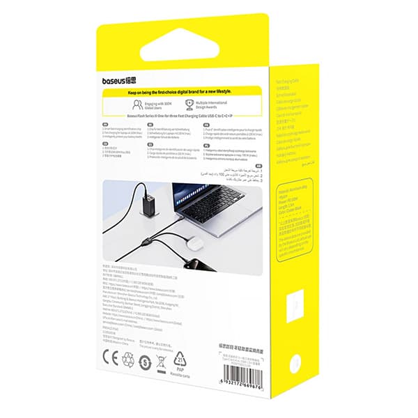 Kabel 3w1 Baseus Flash Series 3 100W USB-C - USB-C+USB-C+Lightning 1,5m + 3 x 0,25 m - sort