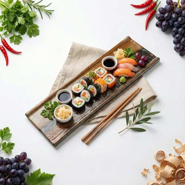 REKTANGULÆR KERAMISK SERVERINGSTALLERKEN TIL SUSHI BRUN 39×12 CM