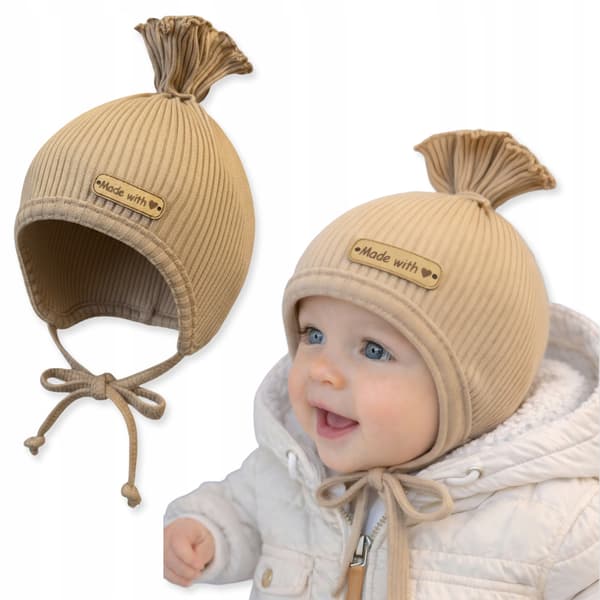 Barnmössa storlek 46-48 RIBBADE KNUTNA Vår Höst täcker öronen BEIGE