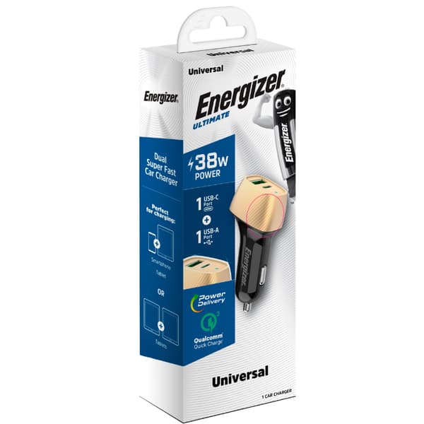 Energizer Ultimate - USB-C & USB-A Biloplader 38W PD + QC3.0 (Guld / Sort)