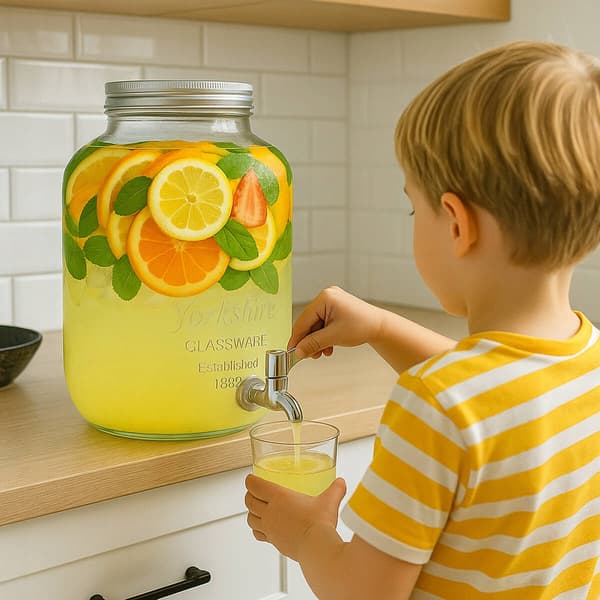 Glaskrukke med hane 4L med metallåg til limonadeglasdispenser