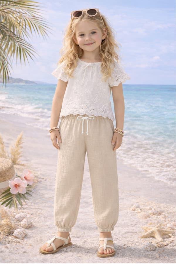 Barnens muslinshorts 128 sommarbyxor för barn i beige