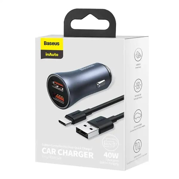 Baseus Golden Contactor Pro biloplader, 2x USB, 40W (grå) + USB til USB-C kabel 1m (sort)