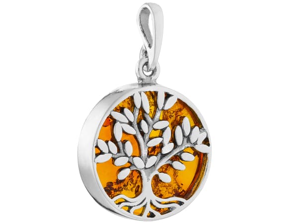 Sølvoxideret Livets Træ Vedhæng med Rav Heldig Amulet