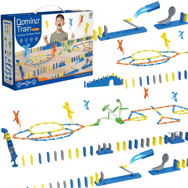 Pedagogiskt dominoblockset med studsande klämmor och launcher, 120 delar