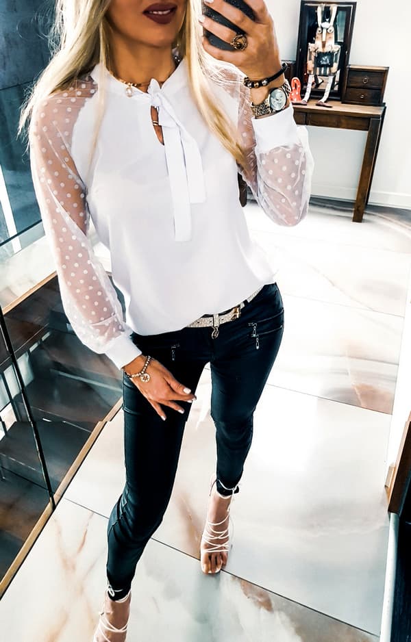 Elegant bluse med sløjfe prikket net M