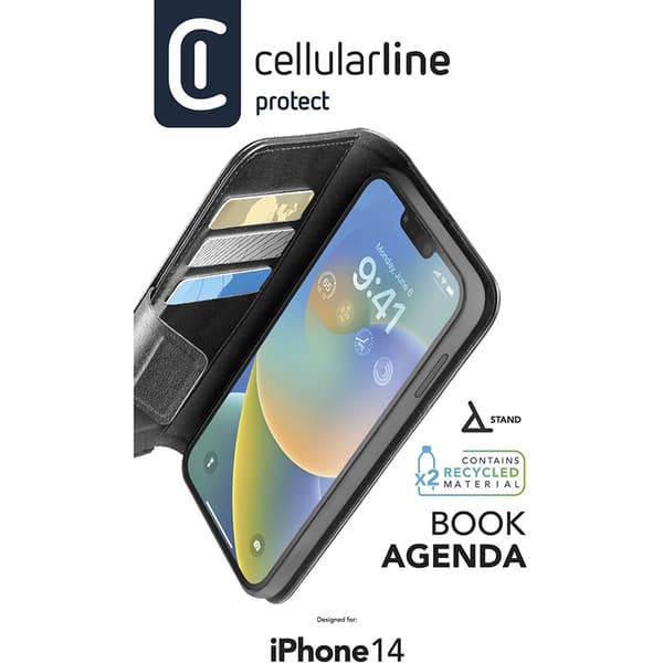 Cellularline Book Agenda - iPhone 14 -kotelo MICROBAN-pinnoitteella (musta)