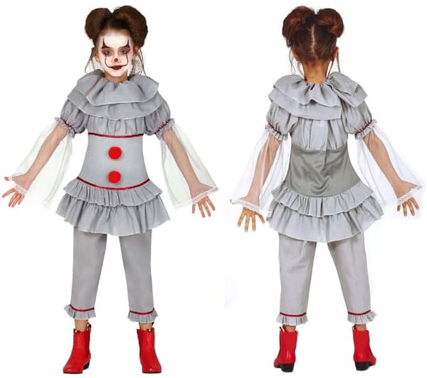 Grå Psycho Clown Killer-kostym 10-12 år